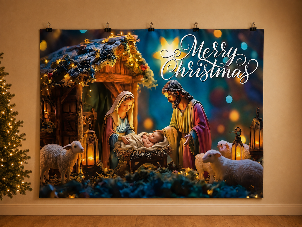 Christmas Nativity Scene Printed Backdrop — indoor wall-clip display; accessories not included