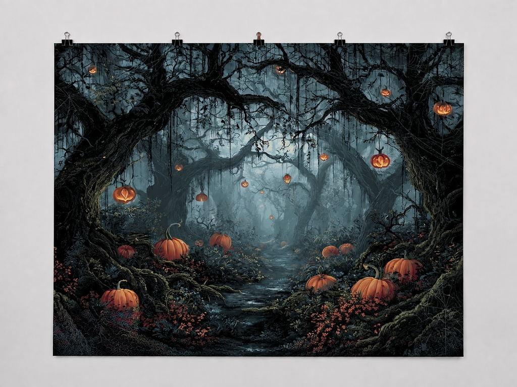 Halloween Pumpkin Forest printed polyester backdrop, shown at244 x183cm with straight-cut unhemmed edges and wall clips. Flat printed scenery; accessories not included.