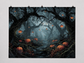 Halloween Pumpkin Forest printed polyester backdrop, shown at244 x183cm with straight-cut unhemmed edges and wall clips. Flat printed scenery; accessories not included.