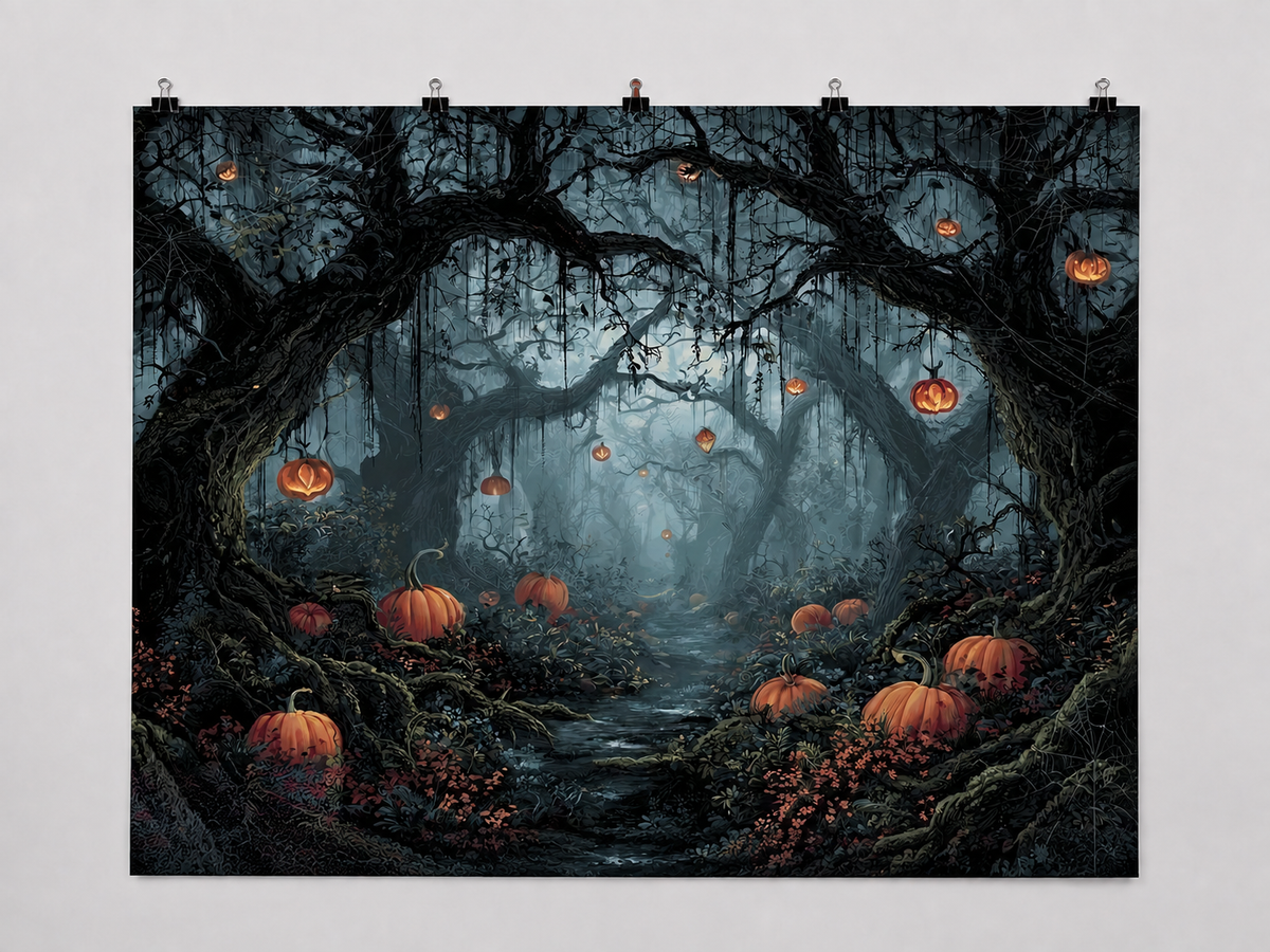 Halloween Pumpkin Forest printed polyester backdrop, shown at244 x183cm with straight-cut unhemmed edges and wall clips. Flat printed scenery; accessories not included.