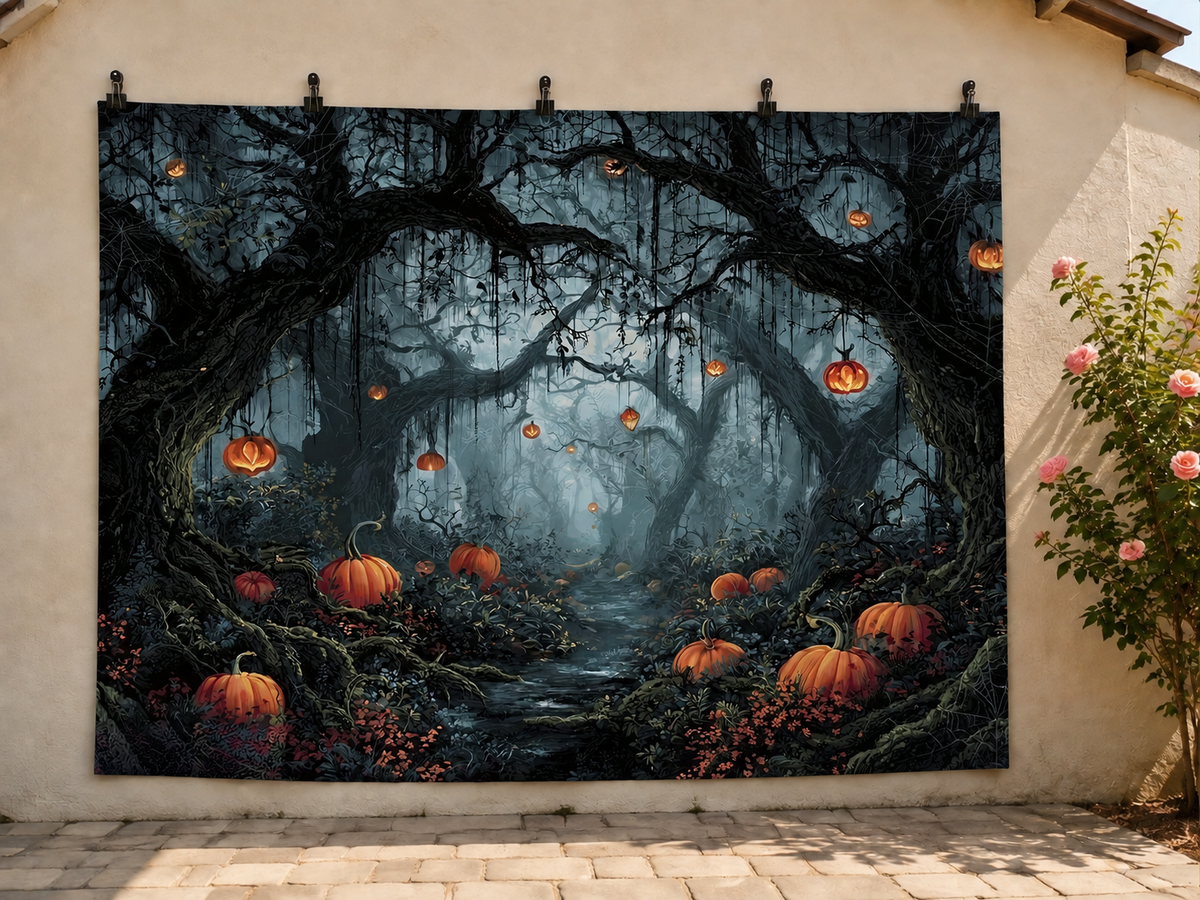 Halloween Pumpkin Forest printed polyester backdrop, shown at244 x183cm with straight-cut unhemmed edges and wall clips. Flat printed scenery; accessories not included.