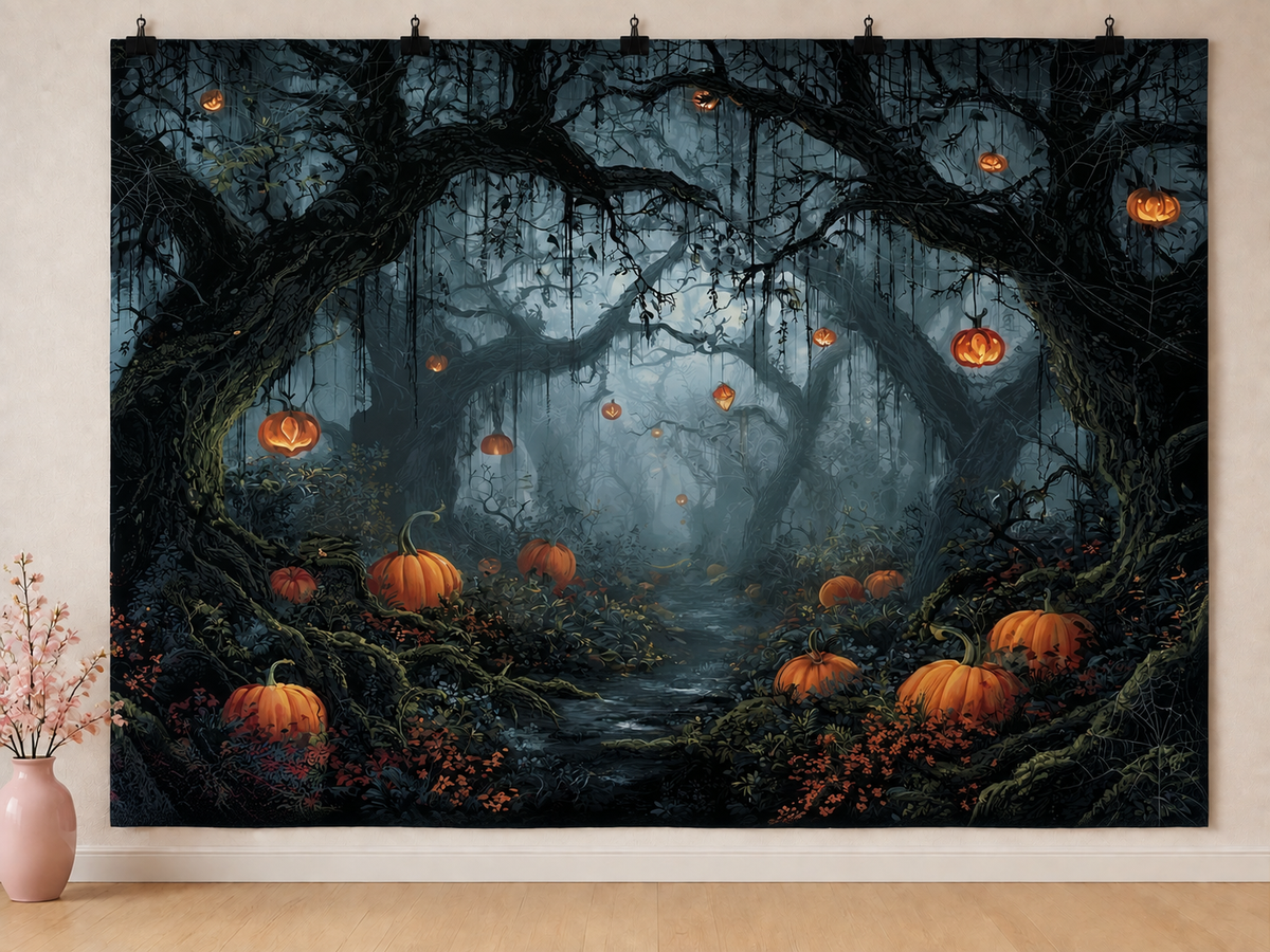 Halloween Pumpkin Forest printed polyester backdrop, shown at244 x183cm with straight-cut unhemmed edges and wall clips. Flat printed scenery; accessories not included.