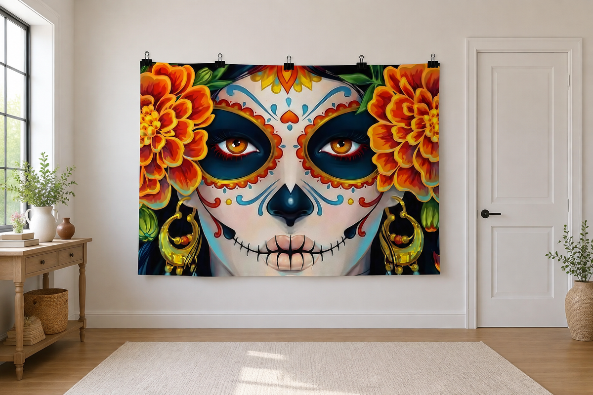 Floral Sugar Skull Celebration Backdrop clipped directly to wall