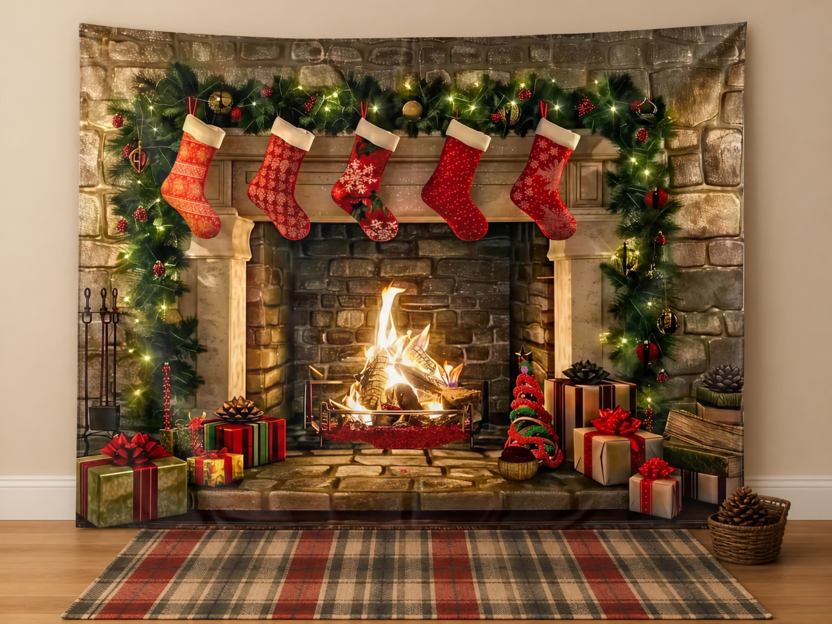 Cozy Christmas fireplace backdrop family card scene