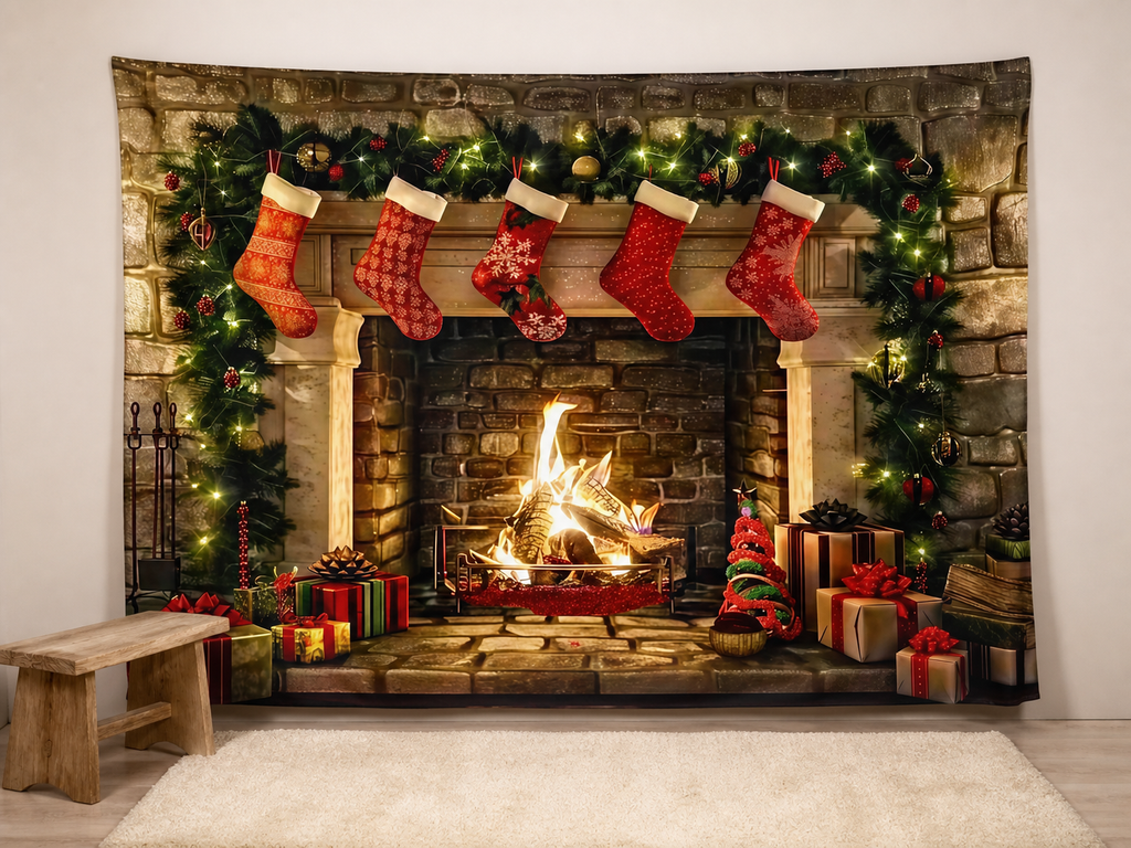 Cozy Christmas fireplace backdrop holiday mini session