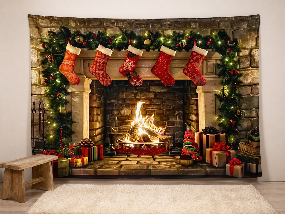 Cozy Christmas fireplace backdrop holiday mini session