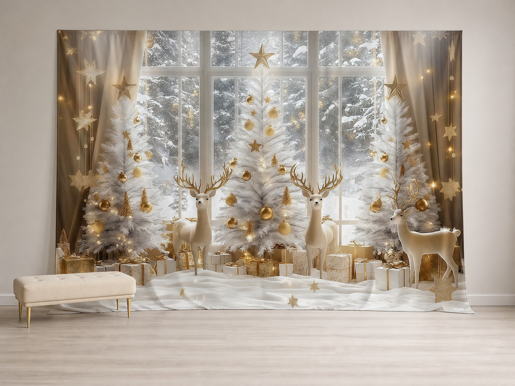 White gold Christmas trees and three deer flexible fabric photography backdrop scene