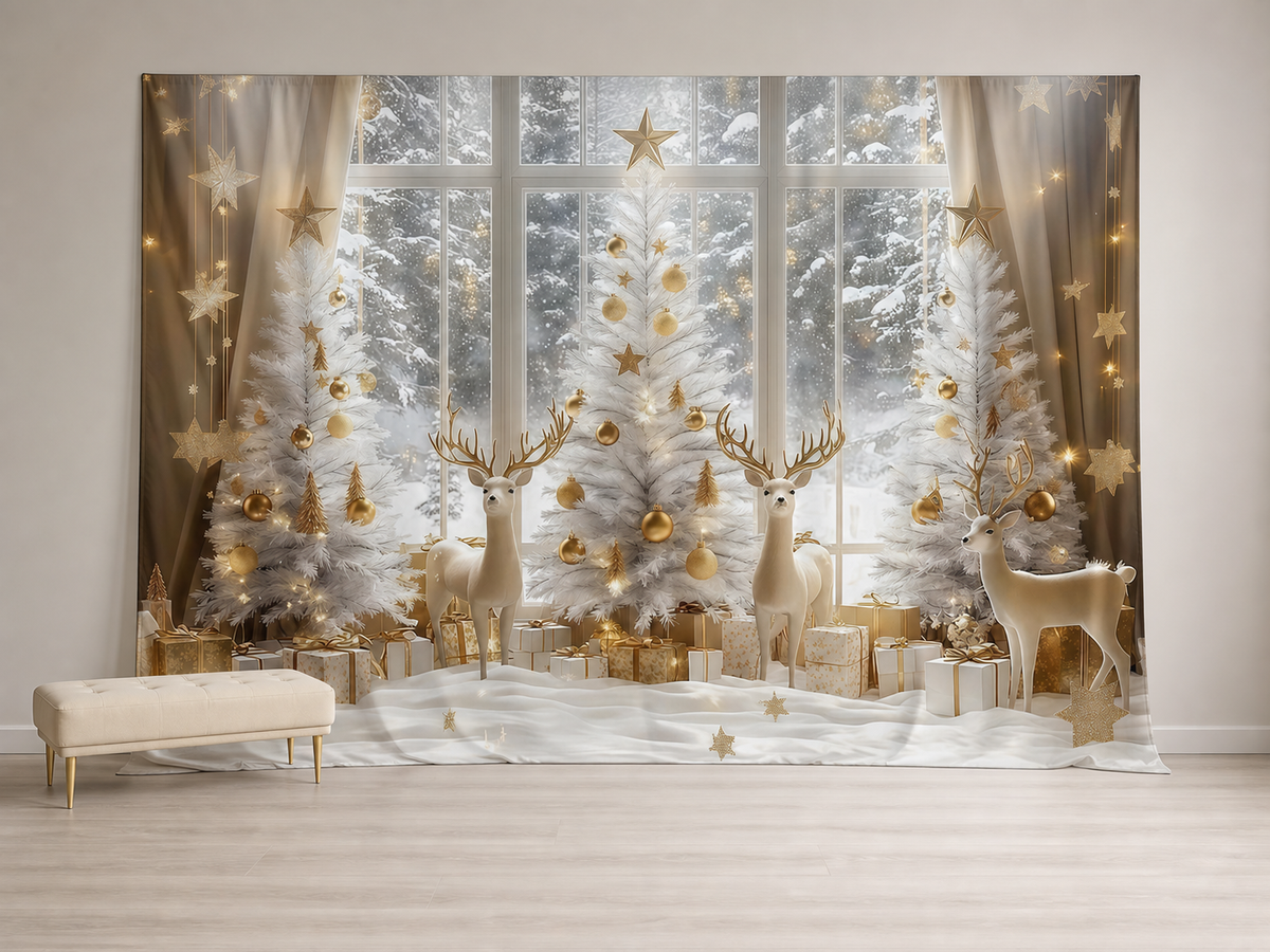White gold Christmas trees and three deer flexible fabric photography backdrop scene