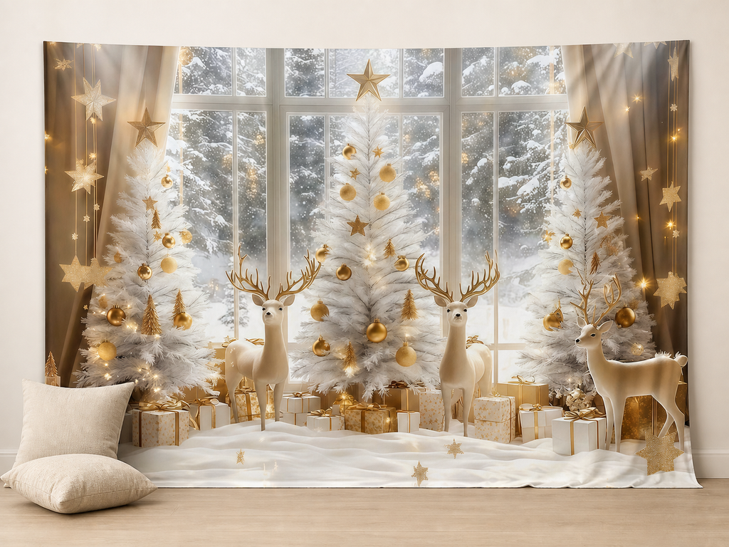 White gold Christmas photo booth fabric backdrop with natural folds