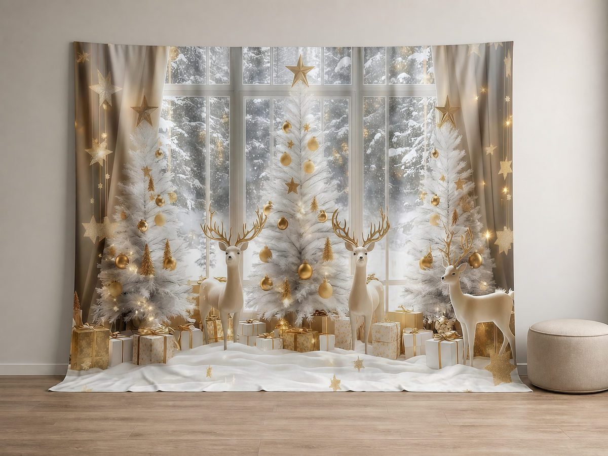 Three white trees and three deer Christmas photography backdrop scene