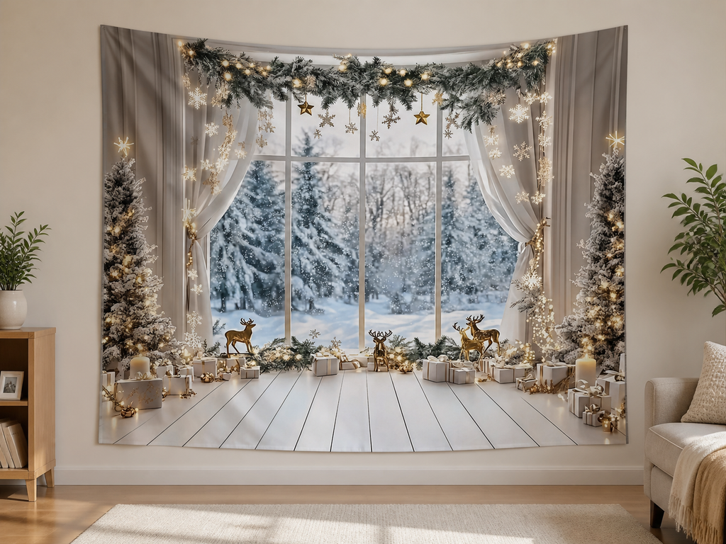 White Gold Snowy Christmas Window Backdrop indoor application scene