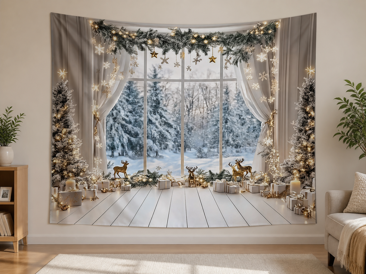 White Gold Snowy Christmas Window Backdrop indoor application scene