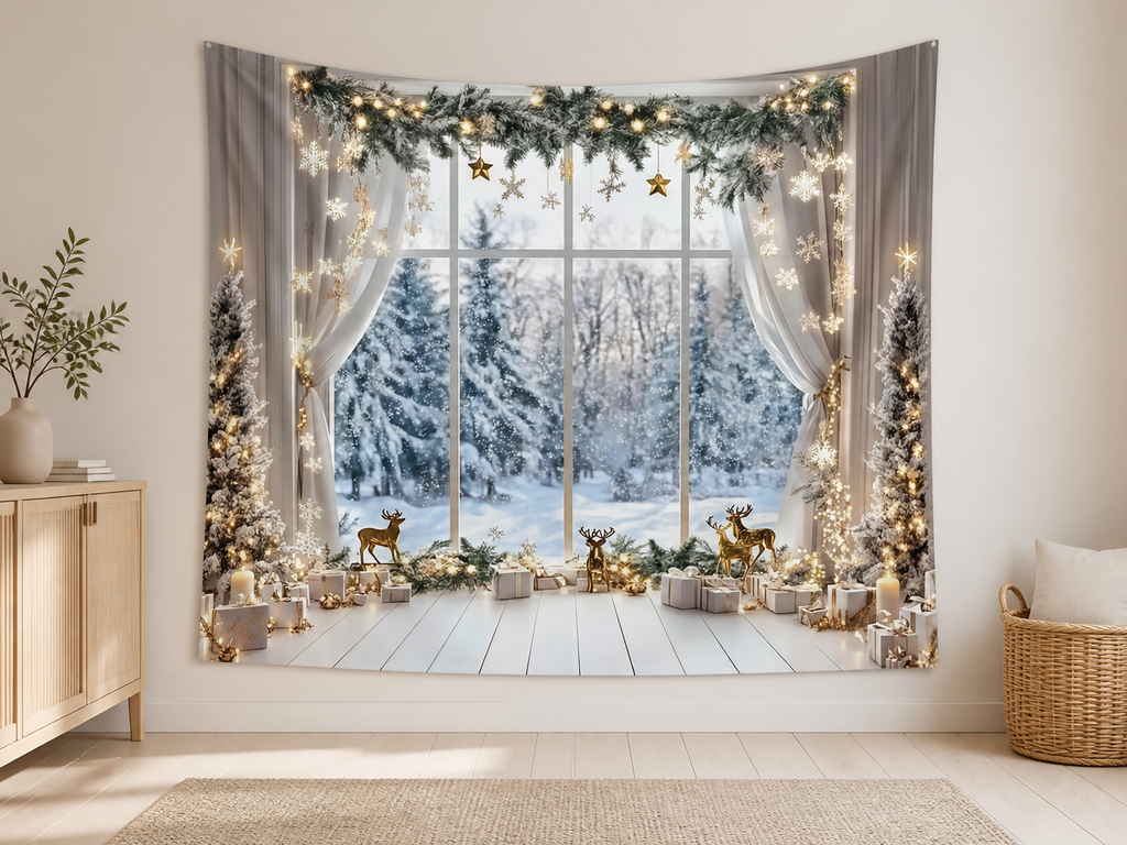 White Gold Snowy Christmas Window Backdrop indoor application scene
