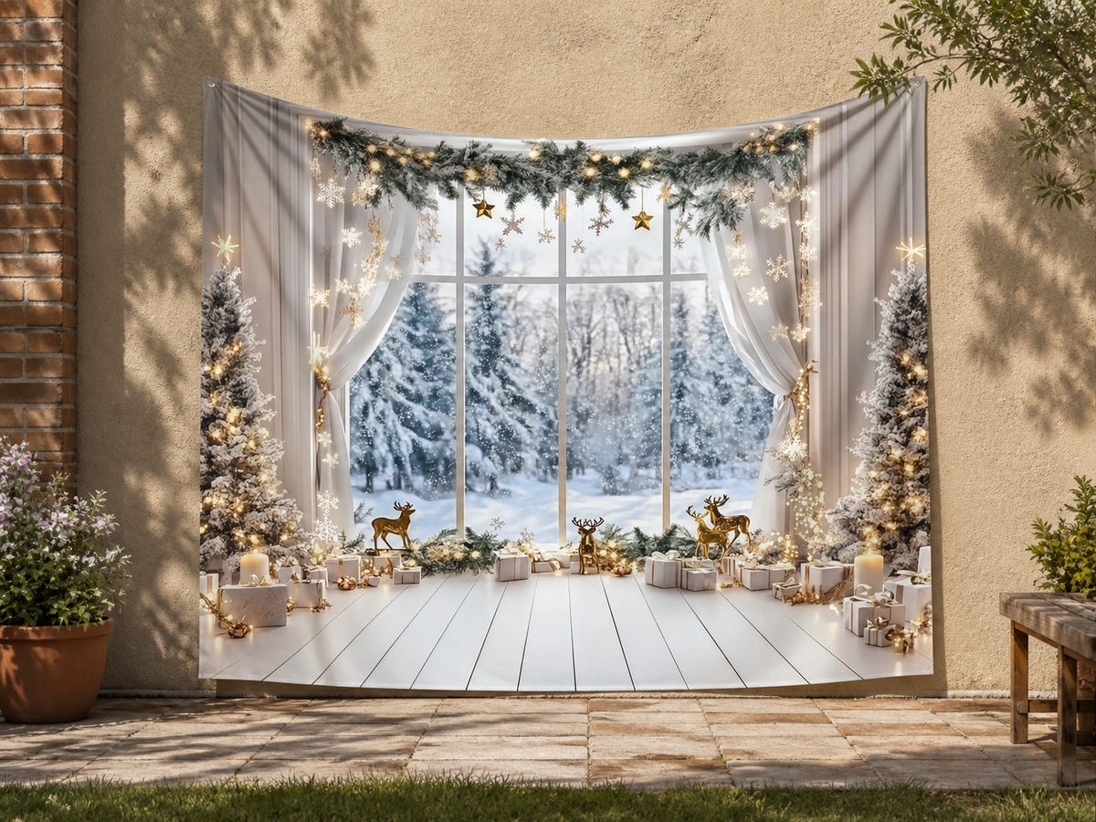 White Gold Snowy Christmas Window Backdrop garden application scene