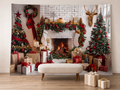 Cozy Christmas tree fireplace backdrop family portrait scene