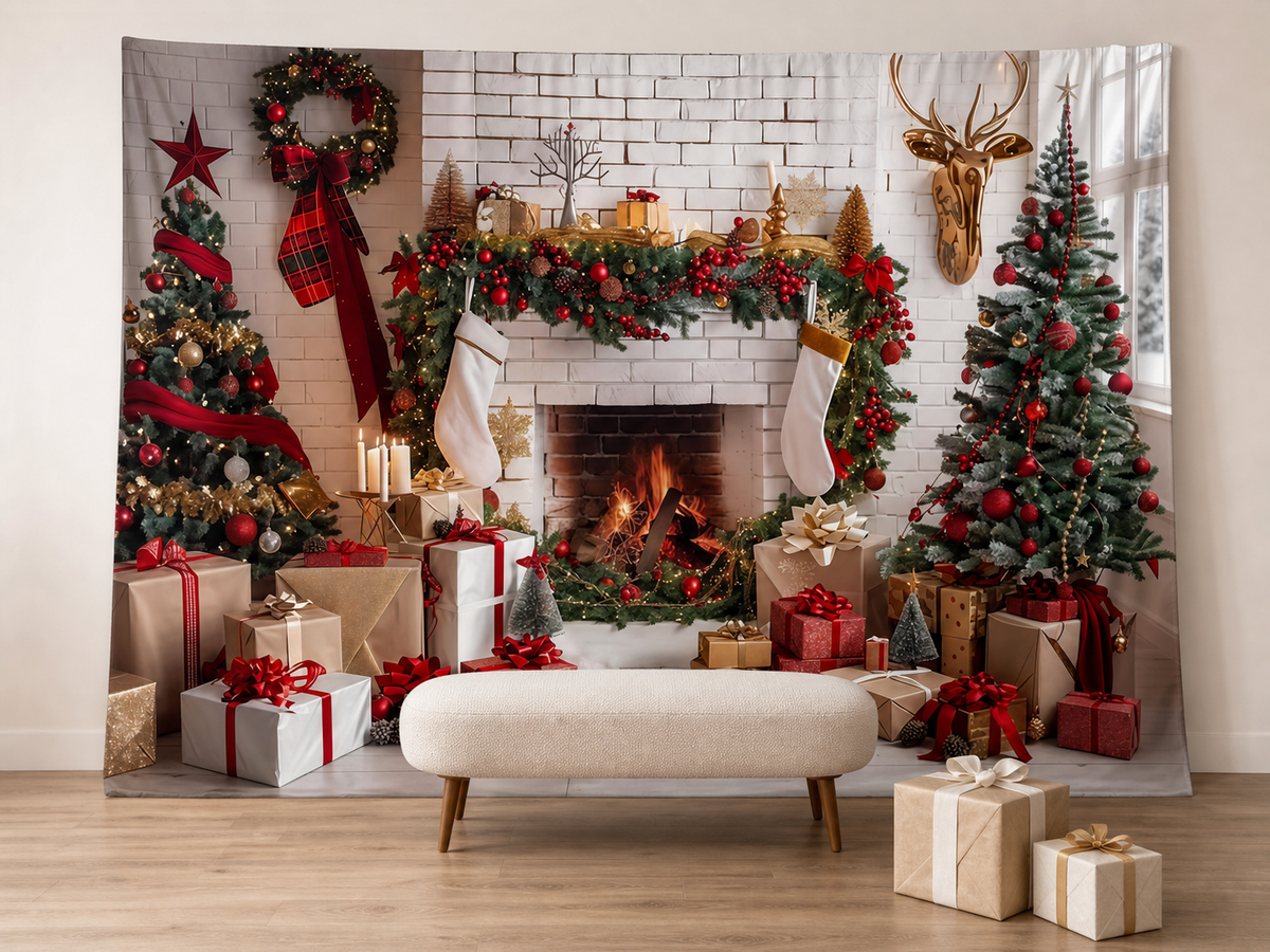 Cozy Christmas tree fireplace backdrop family portrait scene