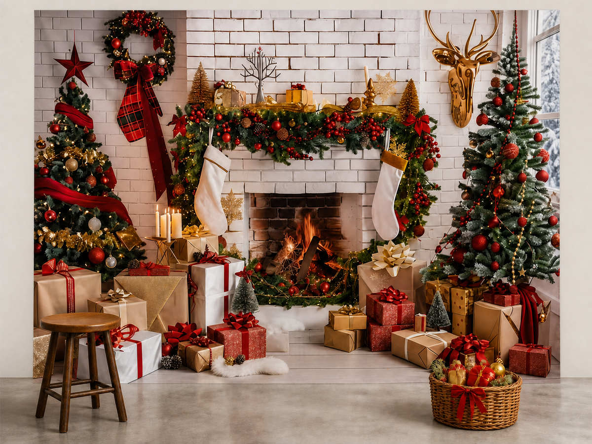 Cozy Christmas tree fireplace backdrop holiday card scene