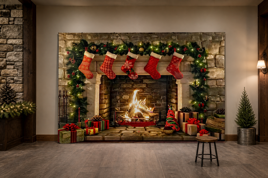 Cozy Christmas Fireplace Backdrop scene 1