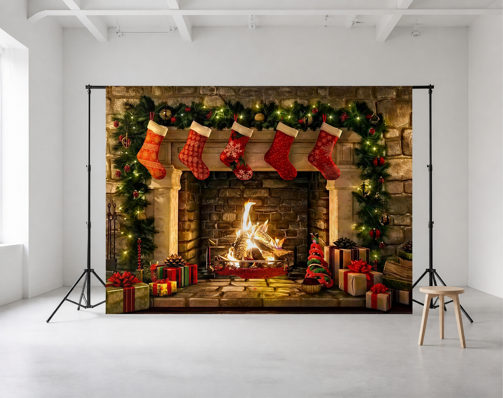 Cozy Christmas Fireplace Backdrop scene 2