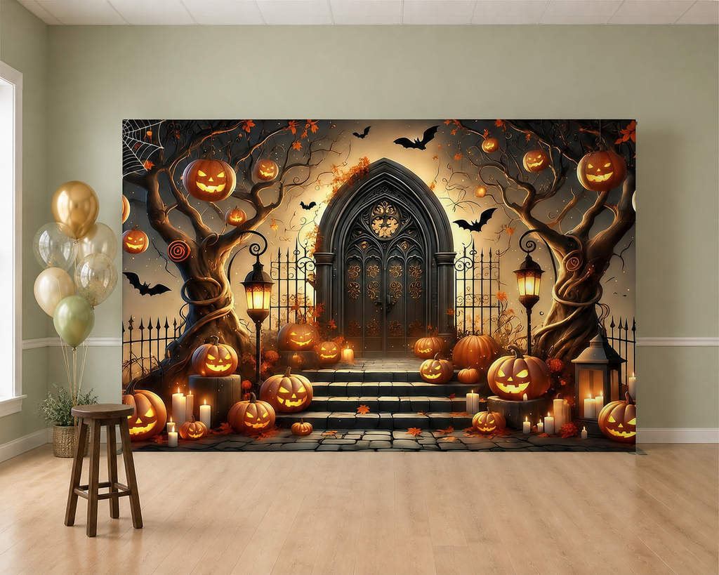 Gothic Halloween Pumpkin Doorway Backdrop scene 1