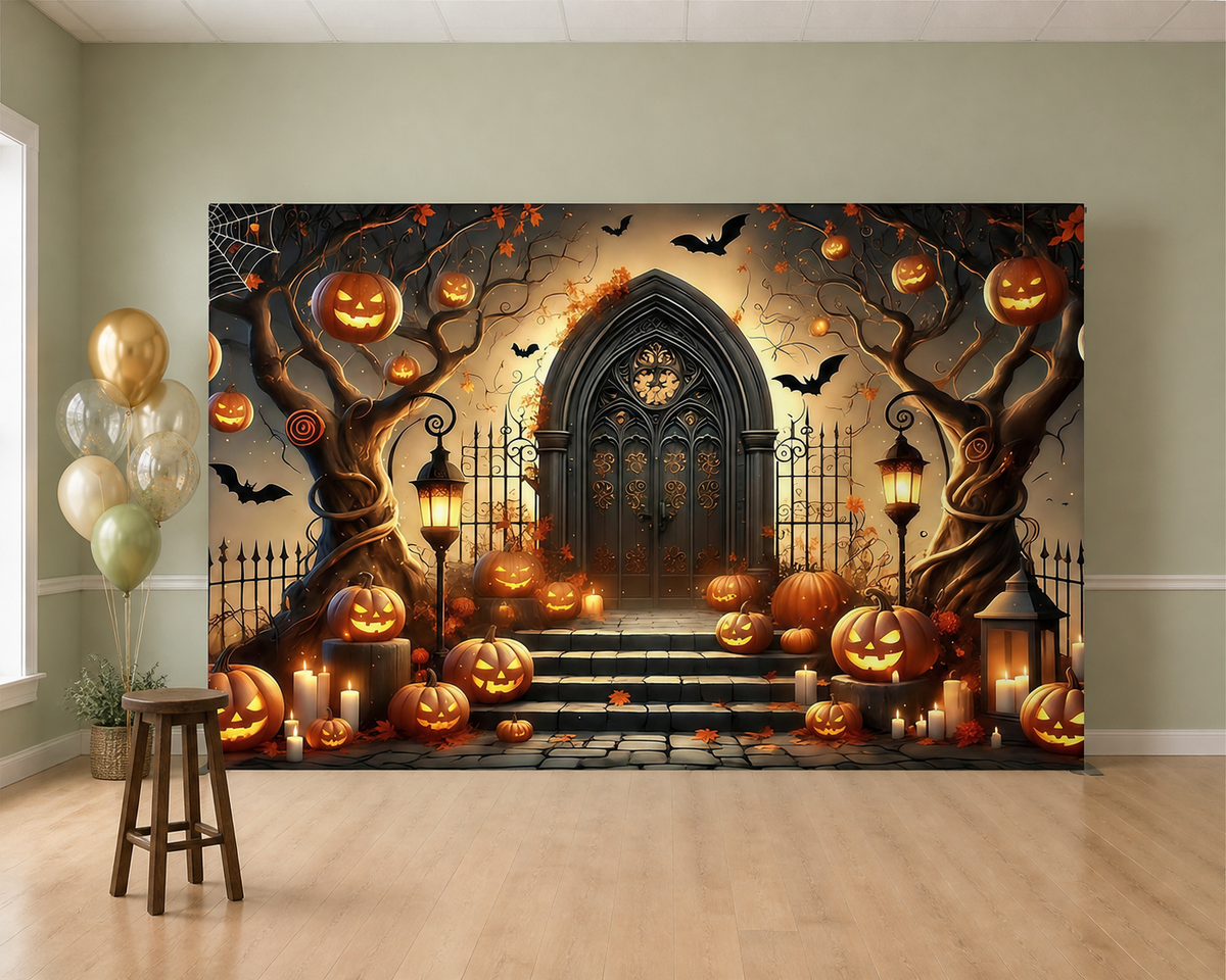 Gothic Halloween Pumpkin Doorway Backdrop scene 1