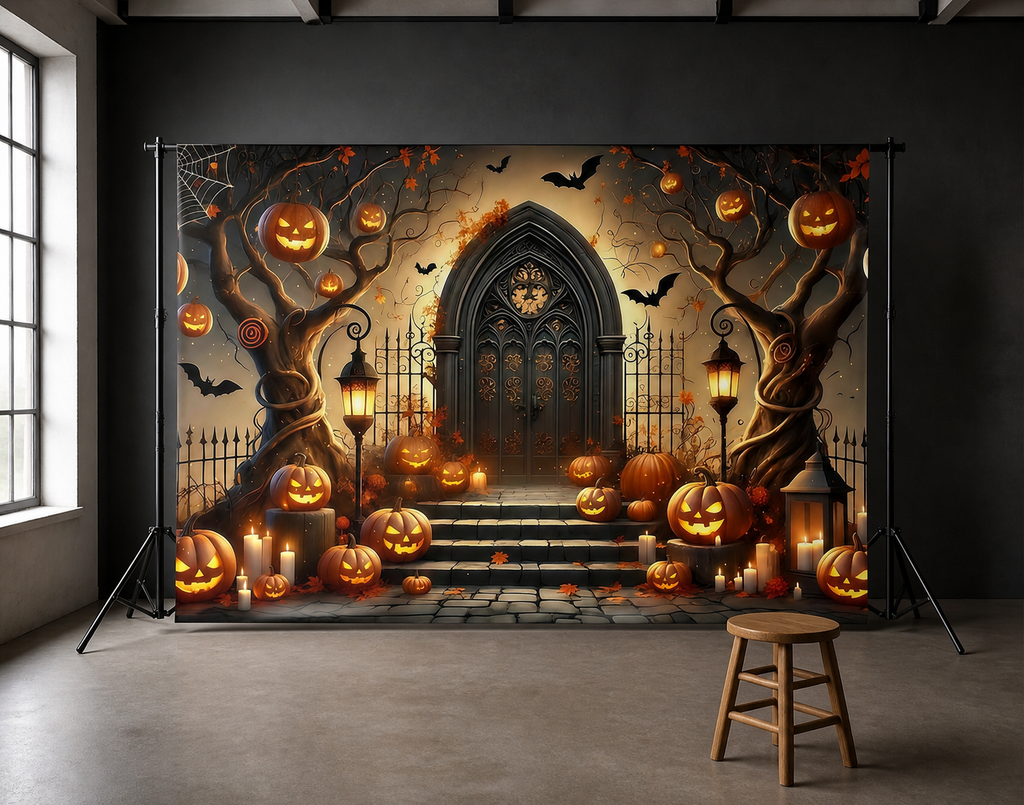 Gothic Halloween Pumpkin Doorway Backdrop scene 2