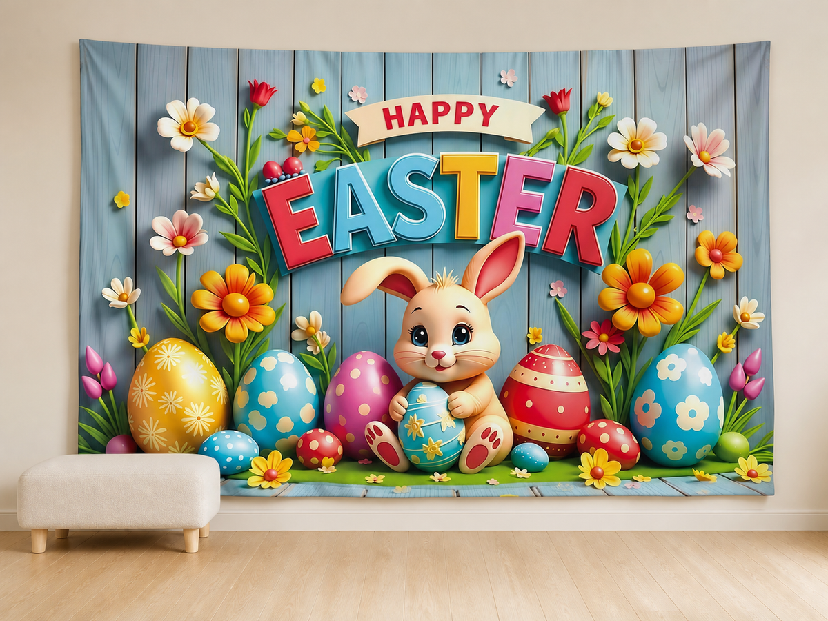 Happy Easter bunny fabric backdrop in spring portrait scene
