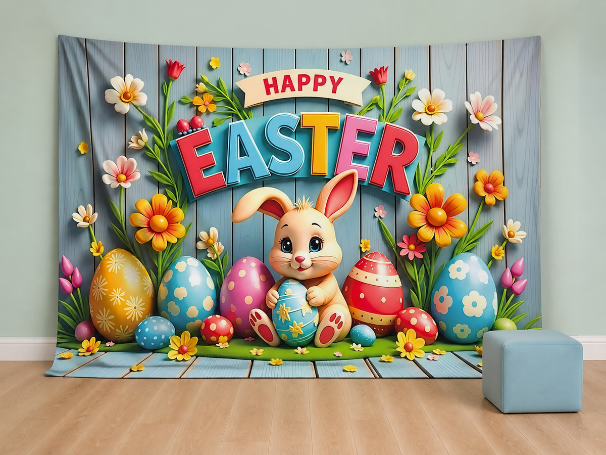 Colorful Easter eggs and bunny photography backdrop