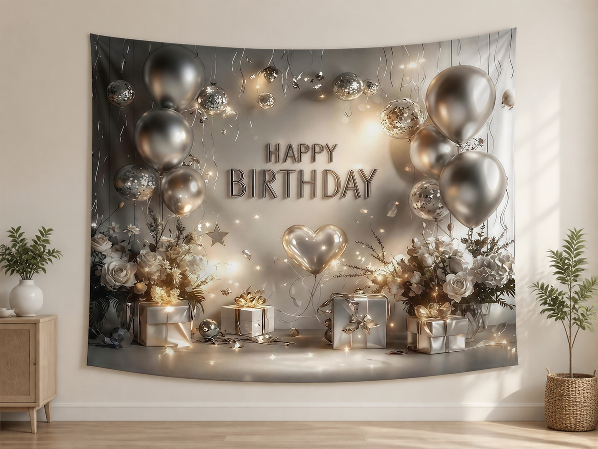 Silver White Happy Birthday Backdrop indoor application scene