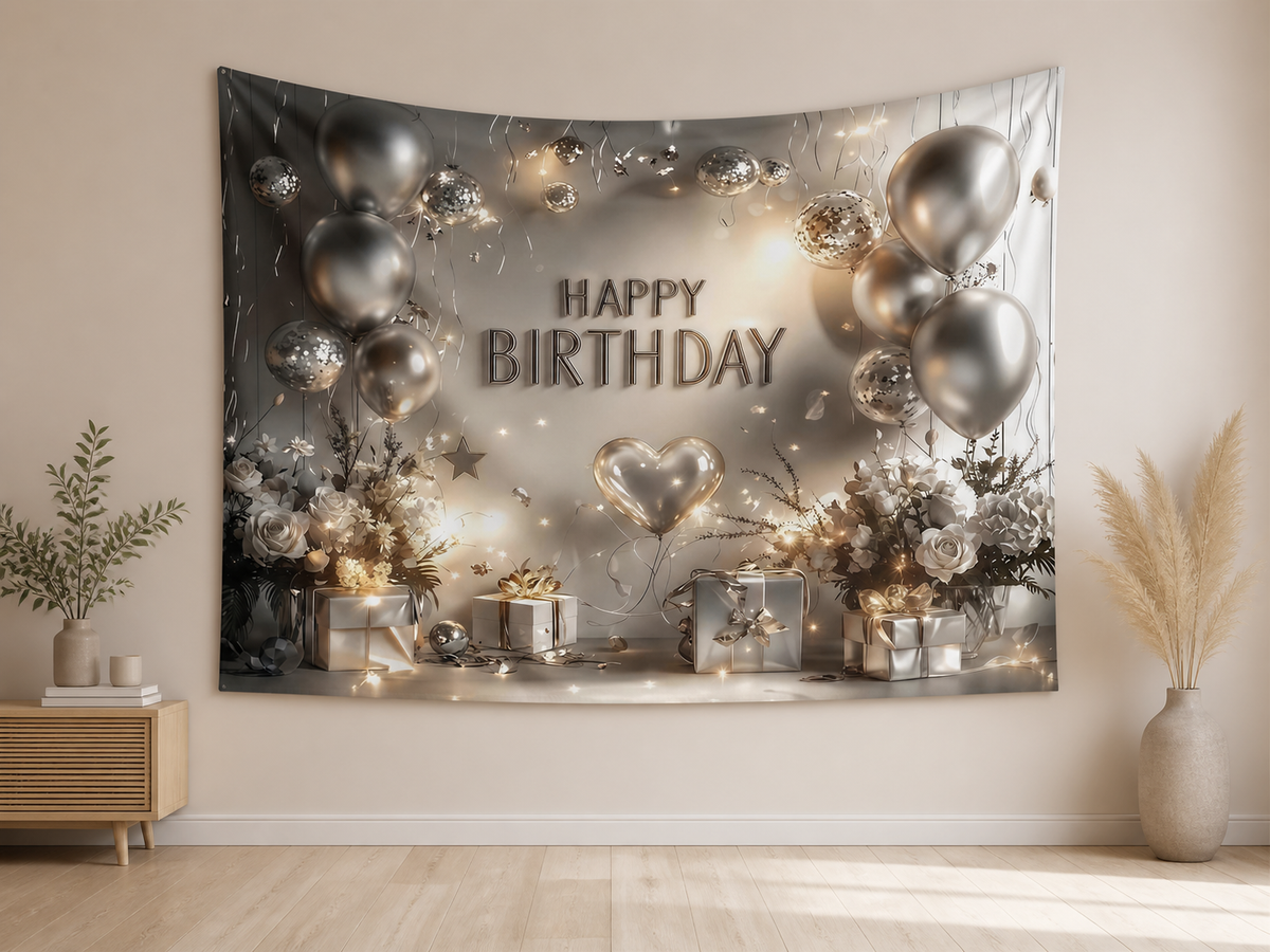 Silver White Happy Birthday Backdrop indoor application scene