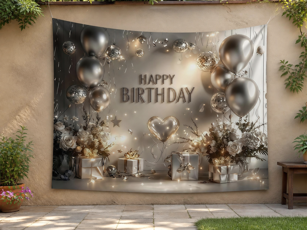 Silver White Happy Birthday Backdrop garden application scene