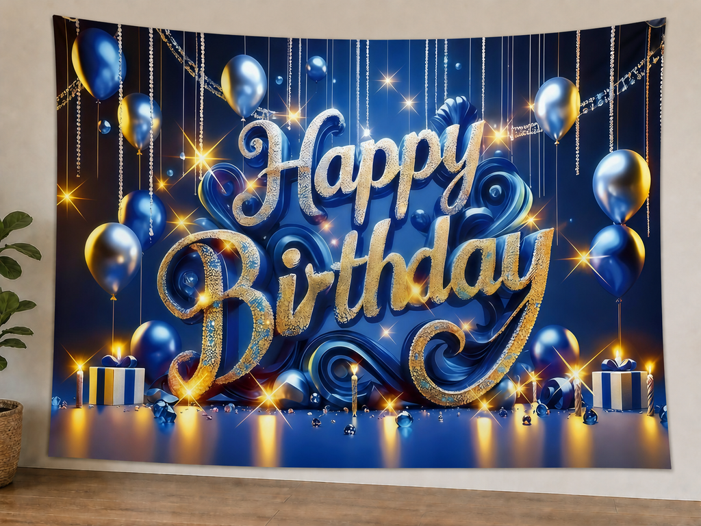 Blue and Gold Happy Birthday Backdrop styled scene 1
