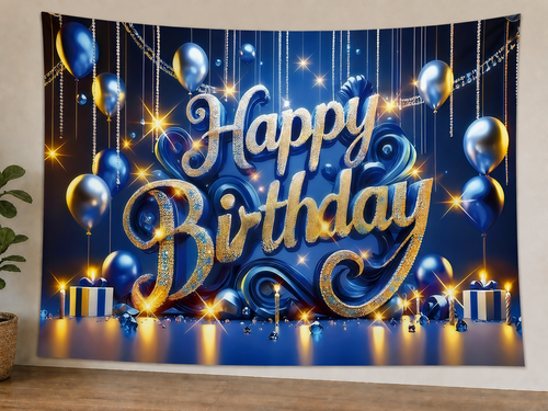 Blue and Gold Happy Birthday Backdrop styled scene 1