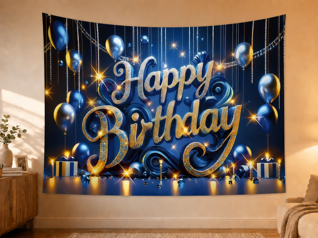 Blue and Gold Happy Birthday Backdrop styled scene 2
