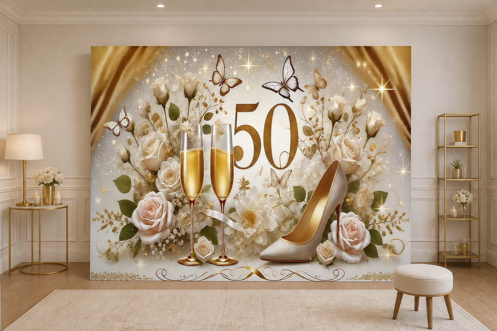 Gold White 50th Birthday Champagne Backdrop scene 1