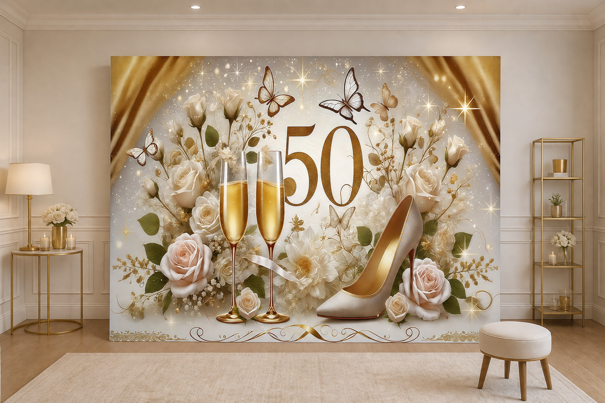 Gold White 50th Birthday Champagne Backdrop scene 1