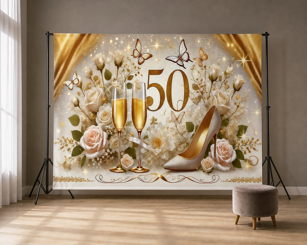 Gold White 50th Birthday Champagne Backdrop scene 2