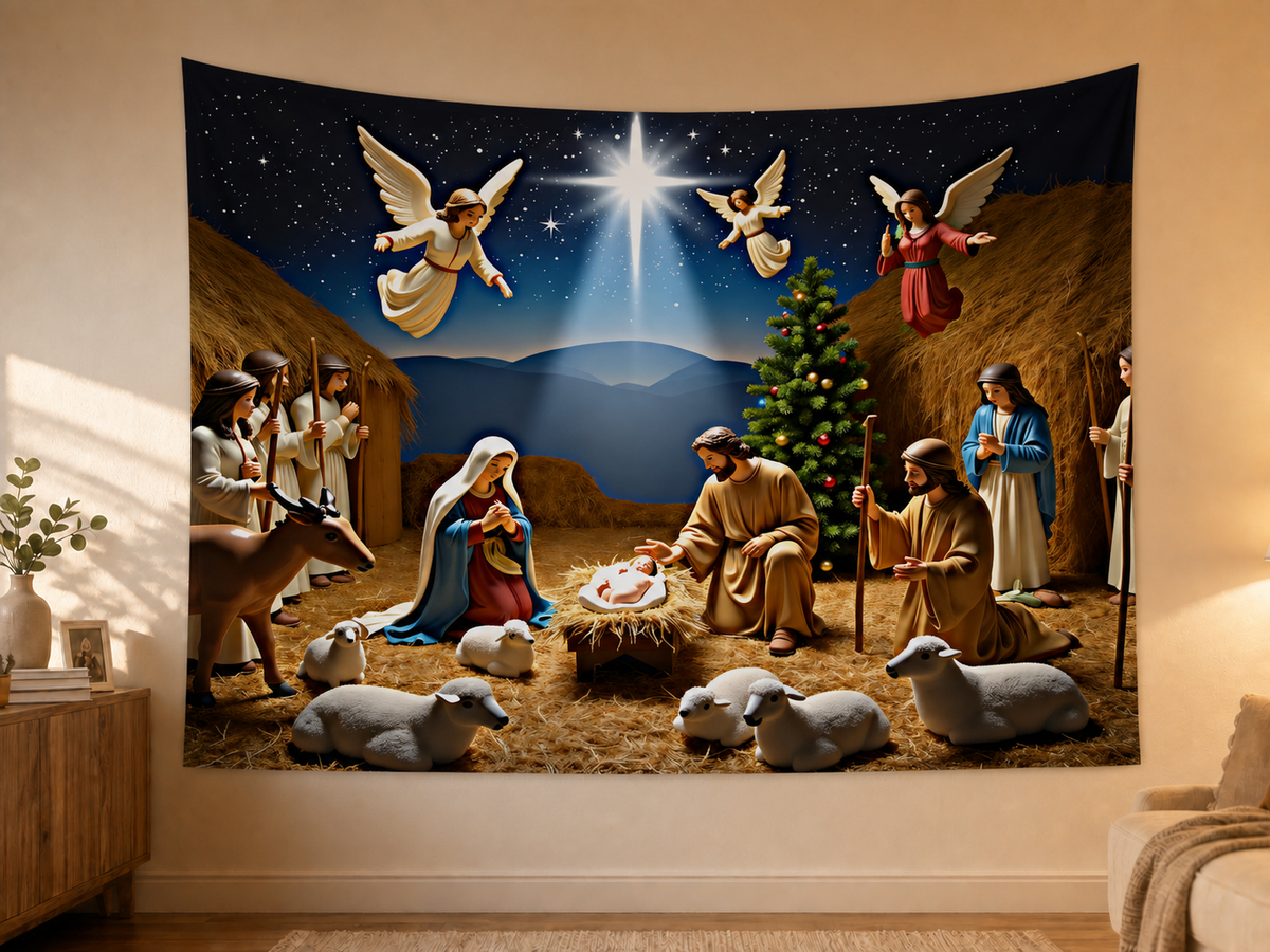 Nativity Angels Christmas Tree Backdrop styled scene 2