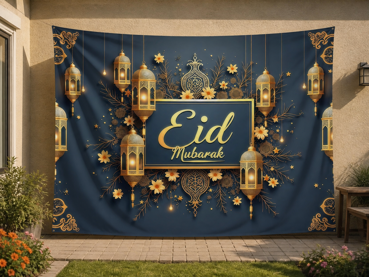 Blue Gold Eid Mubarak Backdrop garden application scene