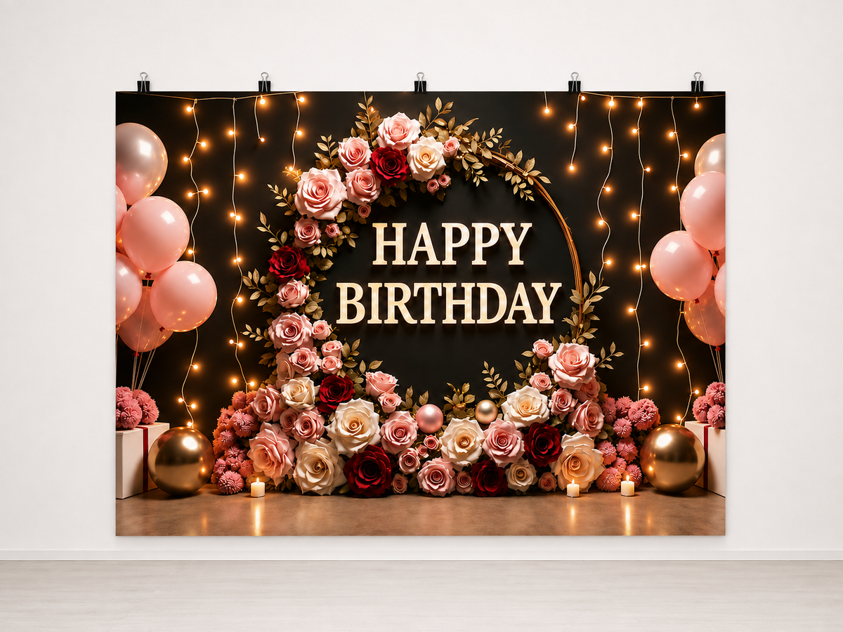 Happy Birthday Rose Wreath printed polyester backdrop, shown at244 x183cm with straight-cut unhemmed edges and wall clips. Flat printed scenery; accessories not included.