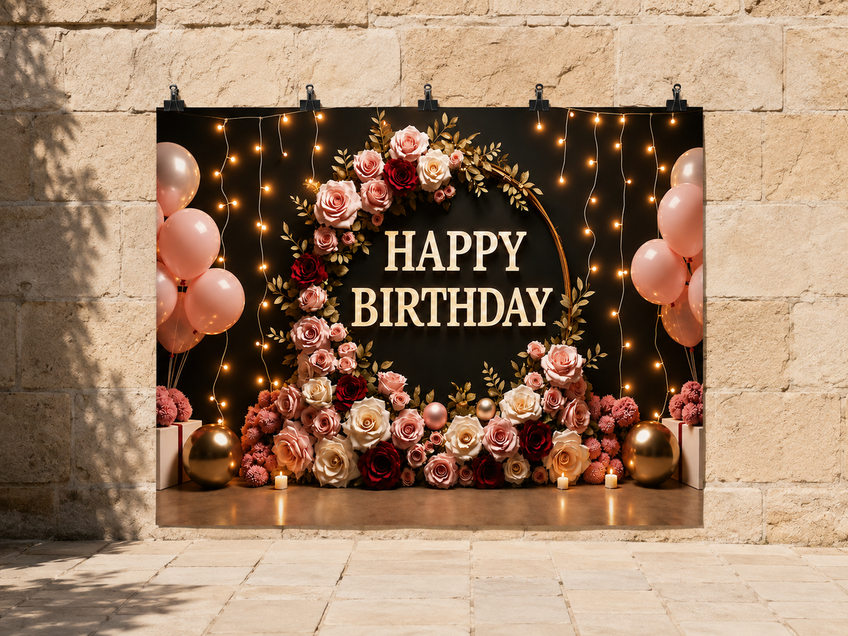 Happy Birthday Rose Wreath printed polyester backdrop, shown at244 x183cm with straight-cut unhemmed edges and wall clips. Flat printed scenery; accessories not included.