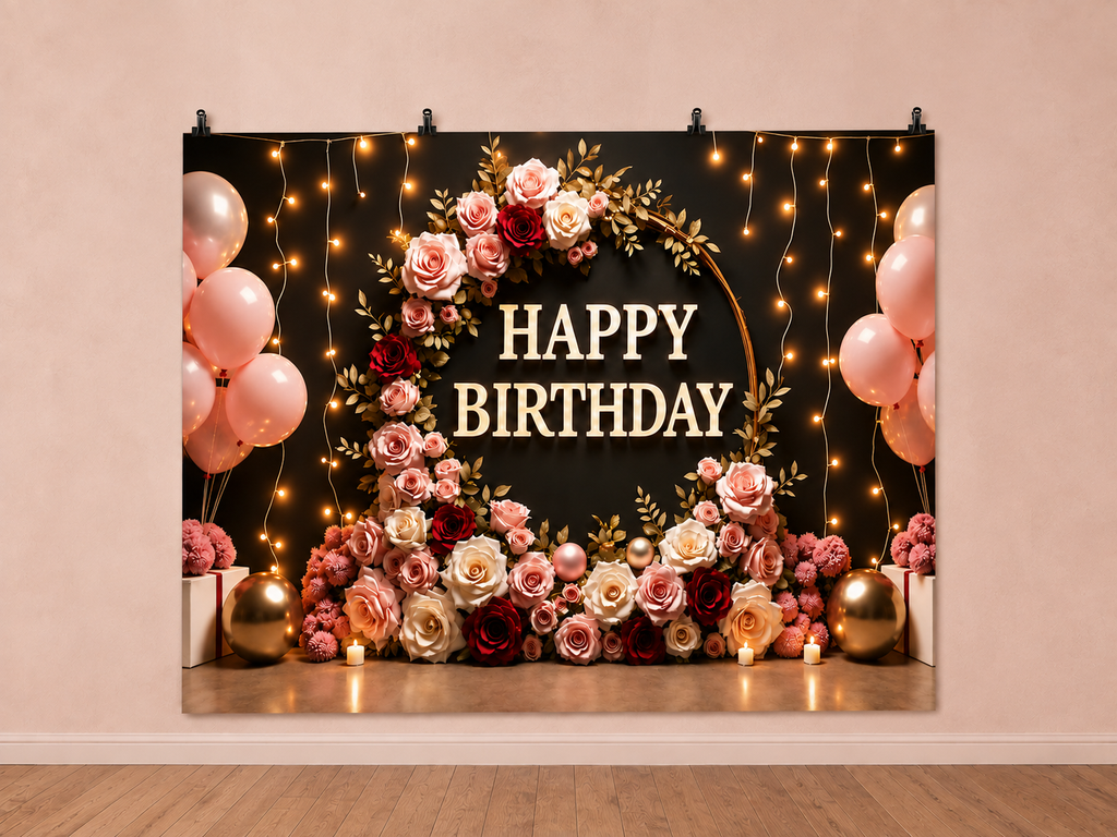 Happy Birthday Rose Wreath printed polyester backdrop, shown at244 x183cm with straight-cut unhemmed edges and wall clips. Flat printed scenery; accessories not included.