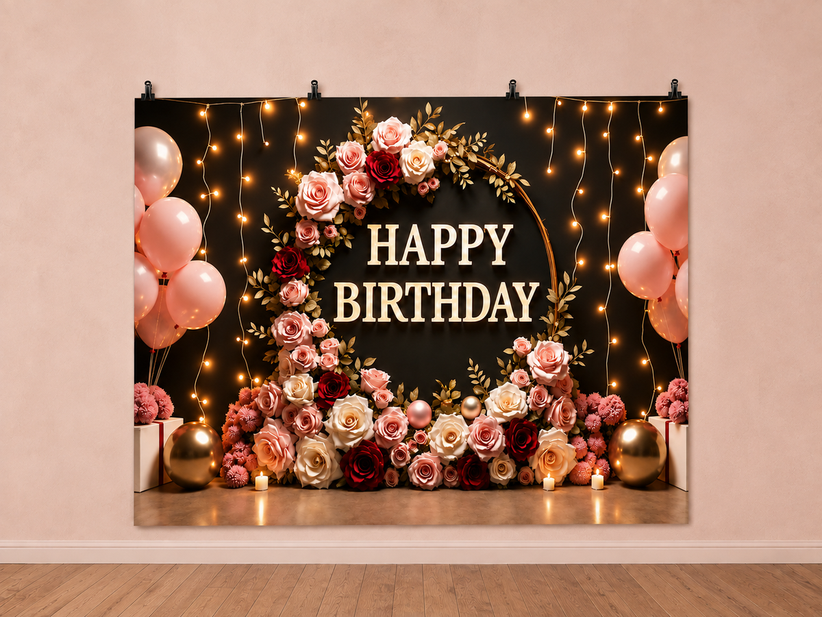 Happy Birthday Rose Wreath printed polyester backdrop, shown at244 x183cm with straight-cut unhemmed edges and wall clips. Flat printed scenery; accessories not included.