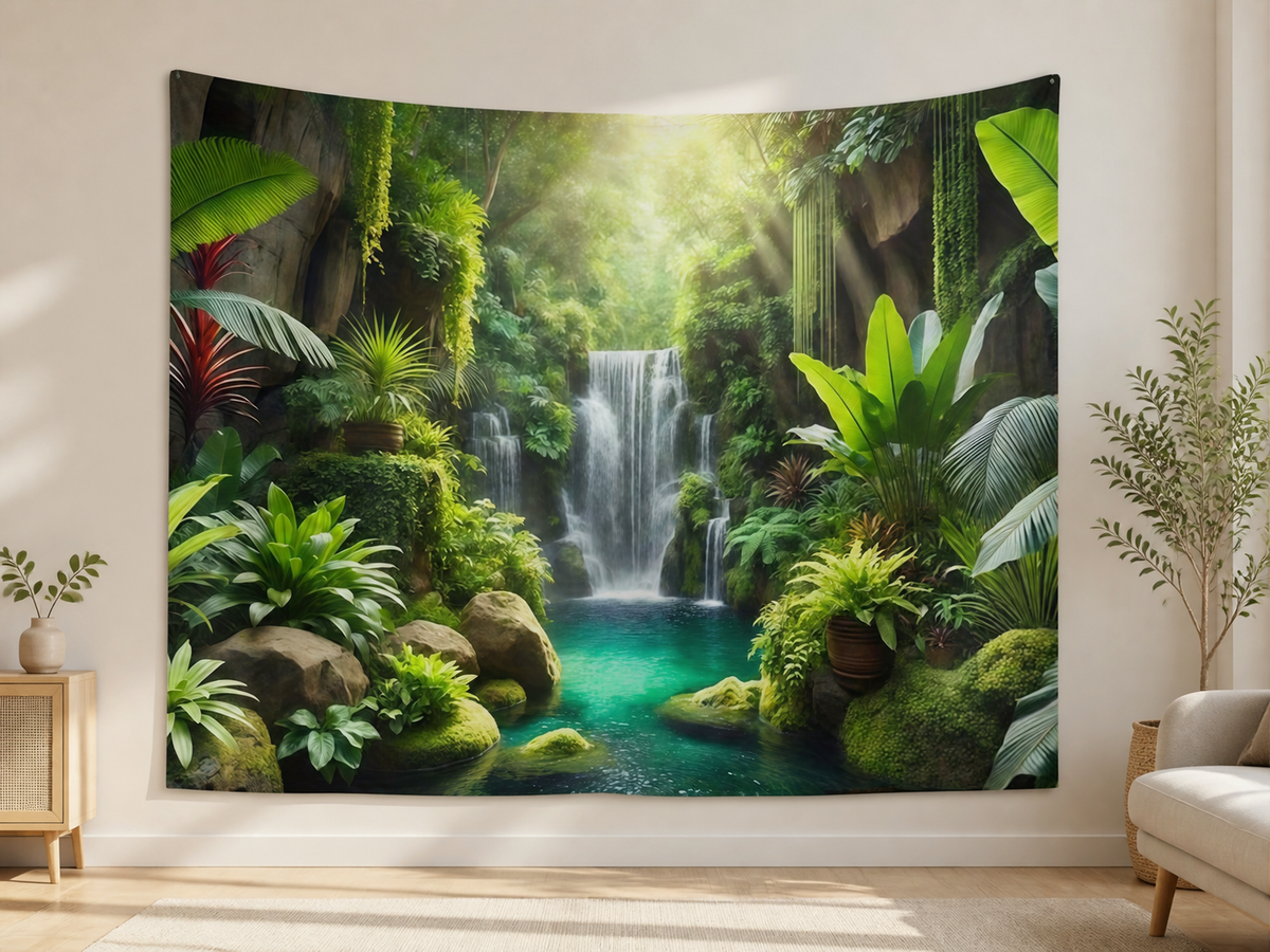 Tropical Rainforest Waterfall Tapestry Backdrop indoor application scene