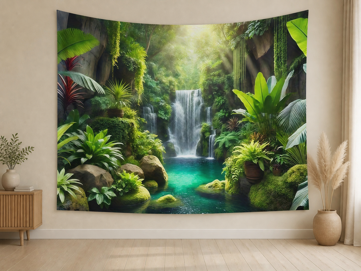 Tropical Rainforest Waterfall Tapestry Backdrop indoor application scene