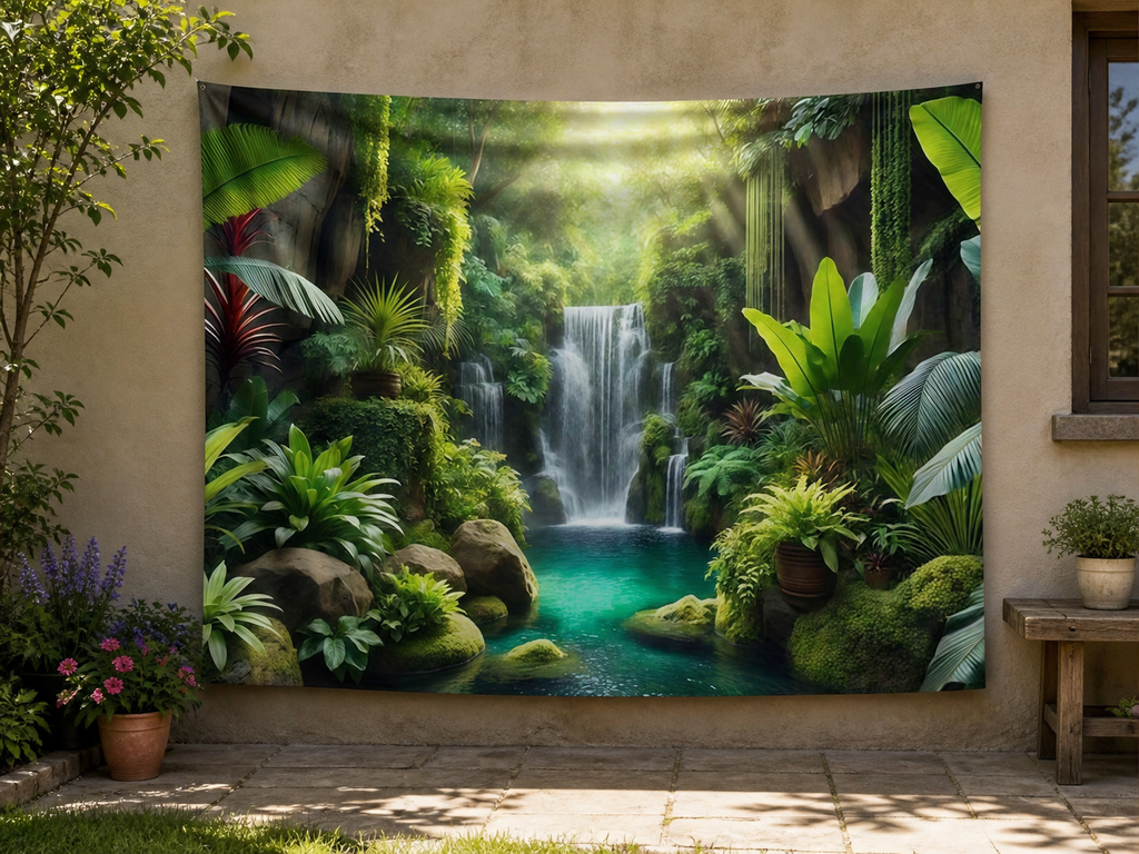 Tropical Rainforest Waterfall Tapestry Backdrop garden application scene