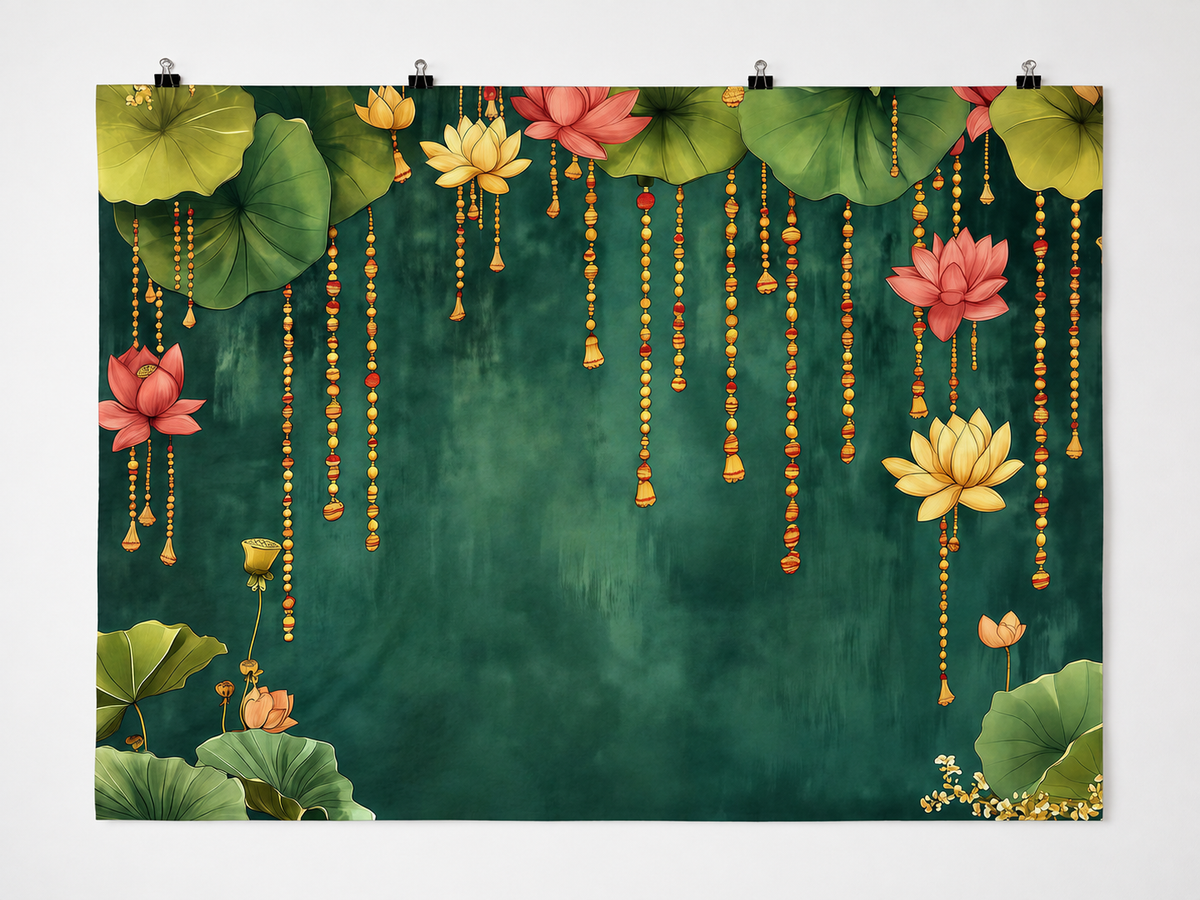 Green Lotus Leaves and Flowers Printed Backdrop — complete flat printed design; accessories not included