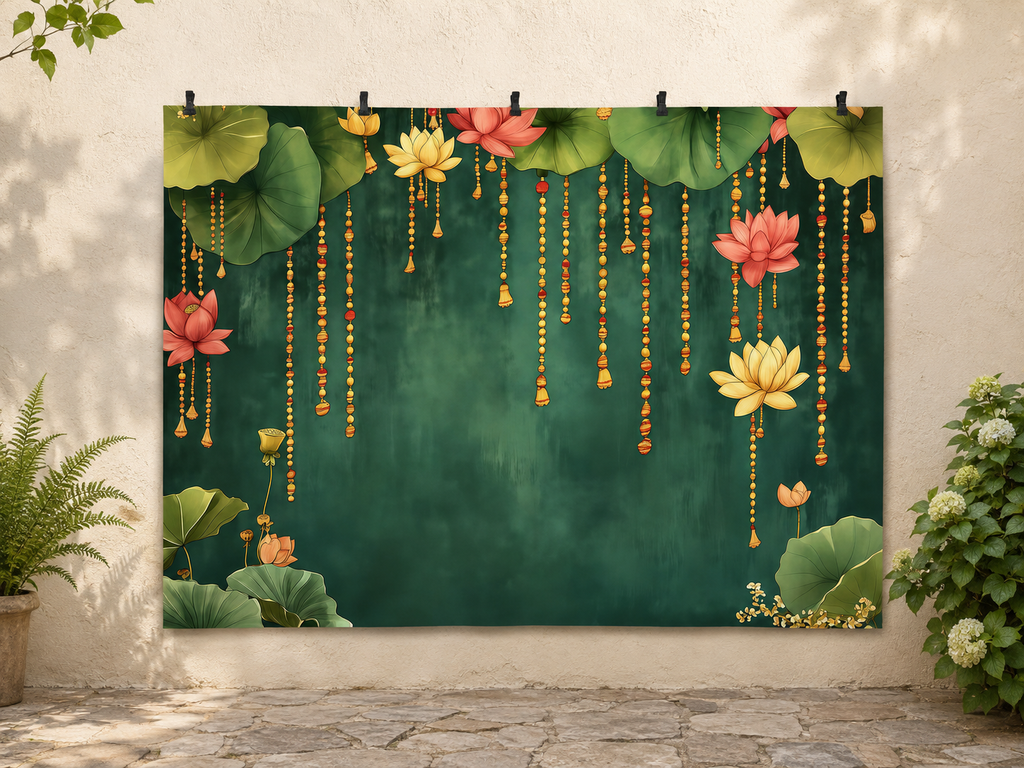 Green Lotus Leaves and Flowers Printed Backdrop — temporary dry outdoor wall-clip display; accessories not included