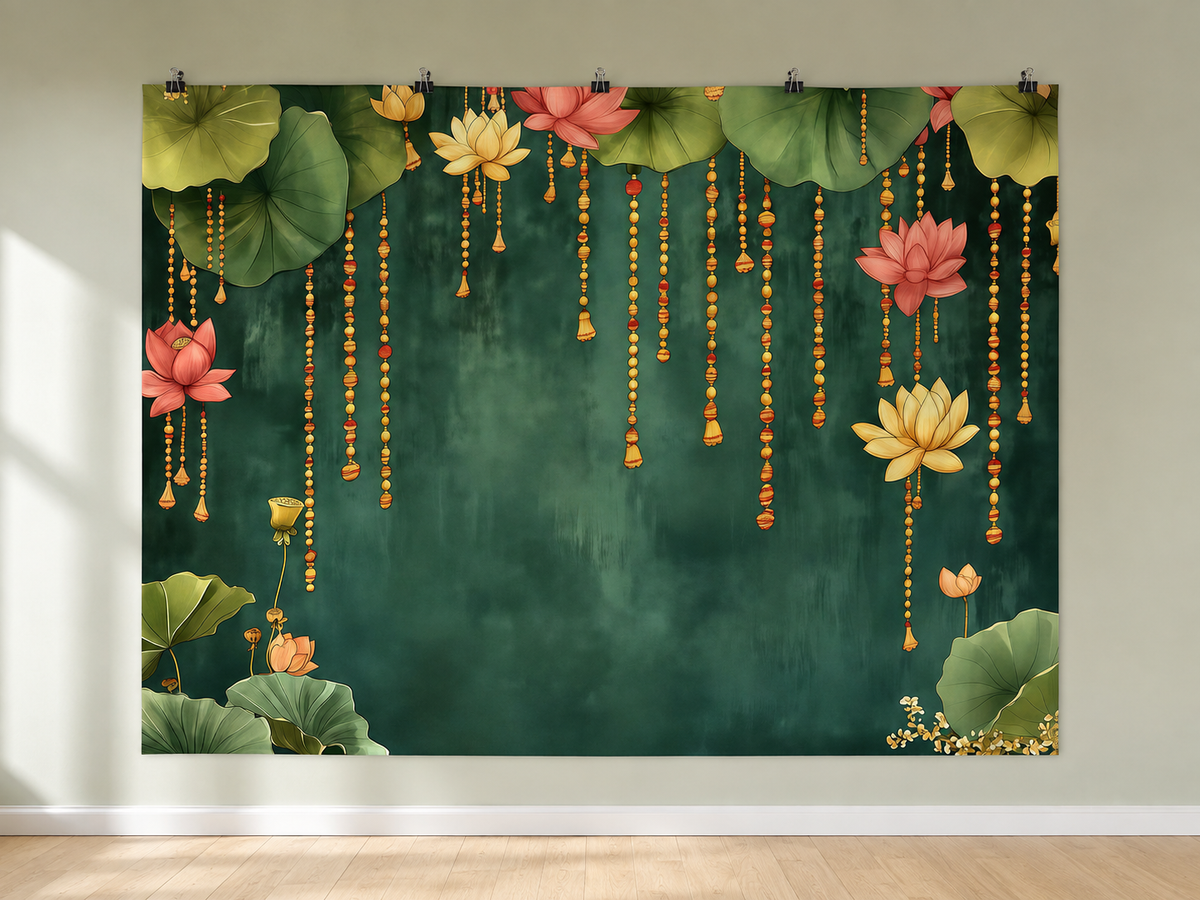 Green Lotus Leaves and Flowers Printed Backdrop — indoor wall-clip display; accessories not included