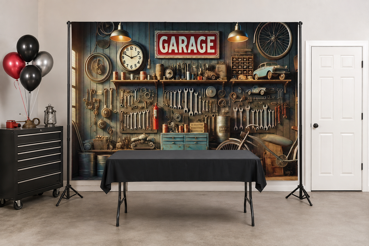 Vintage Automotive Garage Workshop Backdrop in event studio